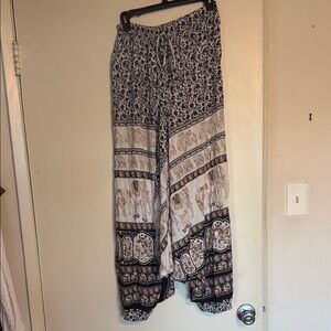 Black and Cream Elephant Print Aladdin Wide-Leg Pants